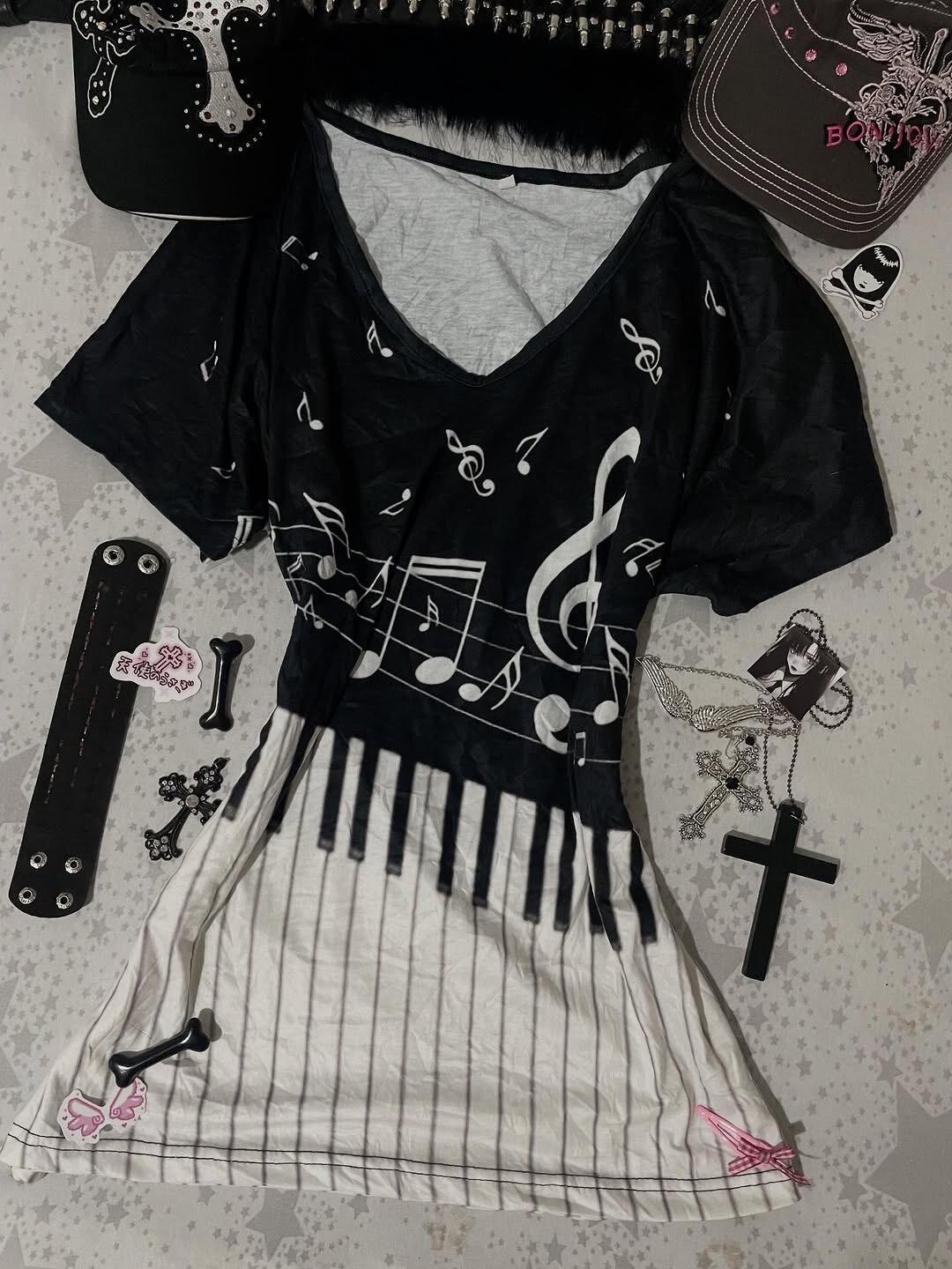 Y2K Gothic Music Tee Piano Key - Audio Music Notes review and price
